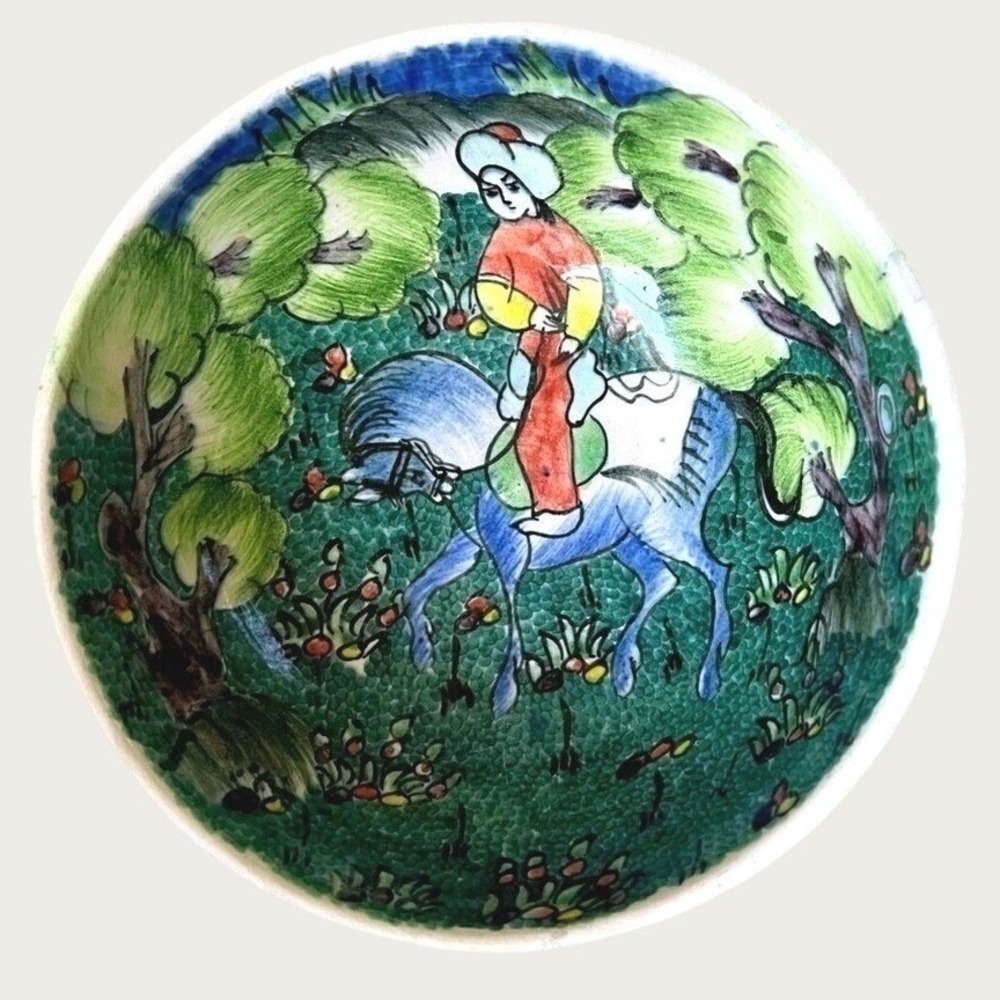 Vintage Hand Painted Ceramic Small Bowl Horse Rider Turkish Trinkets Colorful
